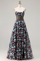 Load image into Gallery viewer, Floral Black Strapless A-Line Corset Long Prom Dress