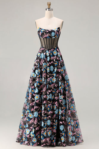 Floral Black Strapless A-Line Corset Long Prom Dress
