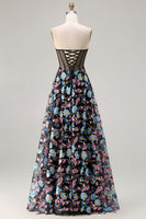 Load image into Gallery viewer, Floral Black Strapless A-Line Corset Long Prom Dress