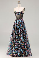 Load image into Gallery viewer, Floral Black Strapless A-Line Corset Long Prom Dress