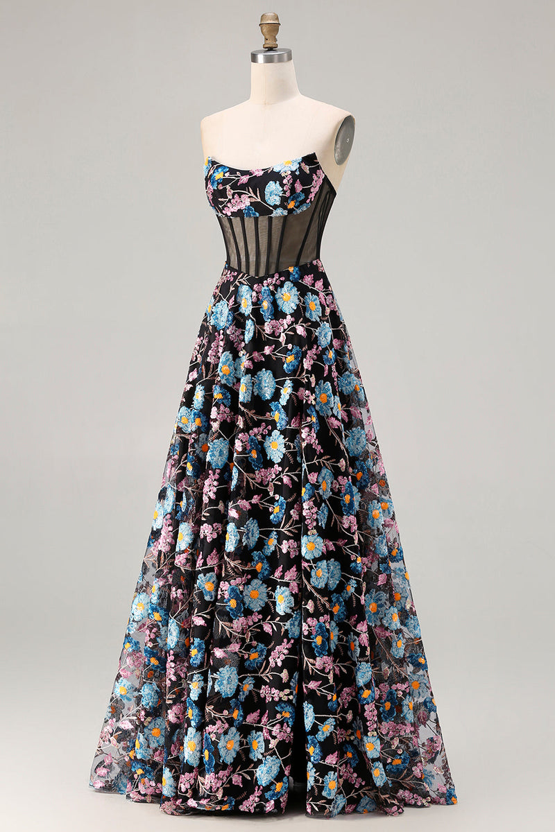 Load image into Gallery viewer, Floral Black Strapless A-Line Corset Long Prom Dress