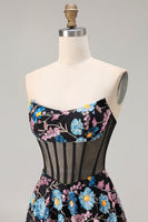 Load image into Gallery viewer, Floral Black Strapless A-Line Corset Long Prom Dress
