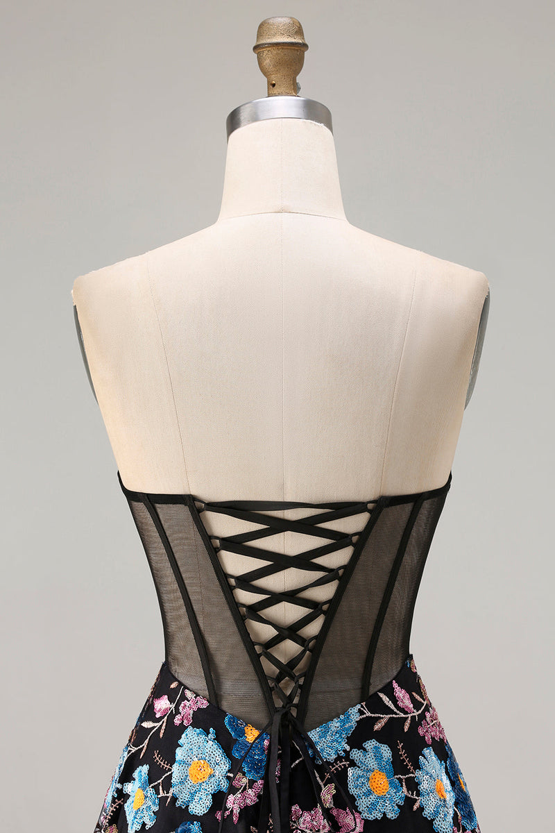 Load image into Gallery viewer, Floral Black Strapless A-Line Corset Long Prom Dress