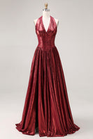 Load image into Gallery viewer, Sparkly Burgundy Metallic Halter A Line Long Corset Formal Dress with Slit