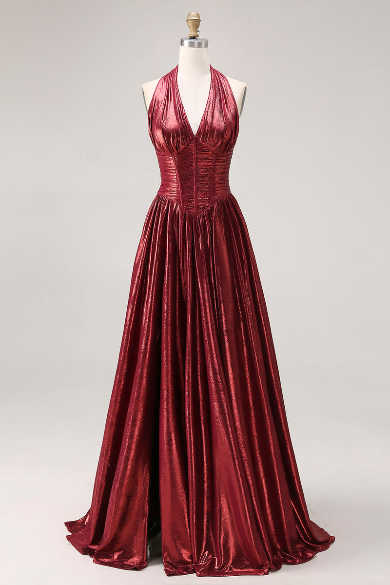 Load image into Gallery viewer, Sparkly Burgundy Metallic Halter A Line Long Corset Formal Dress with Slit