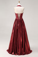 Load image into Gallery viewer, Sparkly Burgundy Metallic Halter A Line Long Corset Formal Dress with Slit