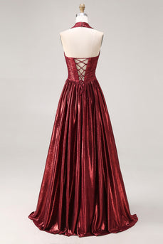 Sparkly Burgundy Metallic Halter A Line Long Corset Formal Dress with Slit