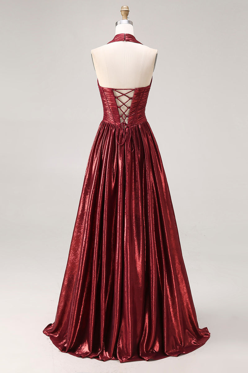 Load image into Gallery viewer, Sparkly Burgundy Metallic Halter A Line Long Corset Formal Dress with Slit