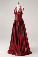 Load image into Gallery viewer, Sparkly Burgundy Metallic Halter A Line Long Corset Formal Dress with Slit