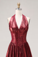 Load image into Gallery viewer, Sparkly Burgundy Metallic Halter A Line Long Corset Formal Dress with Slit