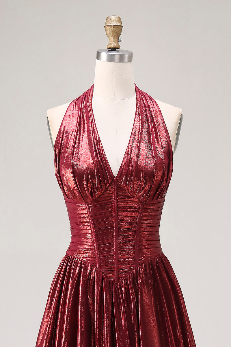 Load image into Gallery viewer, Sparkly Burgundy Metallic Halter A Line Long Corset Formal Dress with Slit
