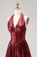 Load image into Gallery viewer, Sparkly Burgundy Metallic Halter A Line Long Corset Formal Dress with Slit