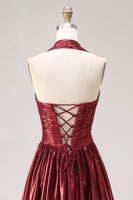 Load image into Gallery viewer, Sparkly Burgundy Metallic Halter A Line Long Corset Formal Dress with Slit