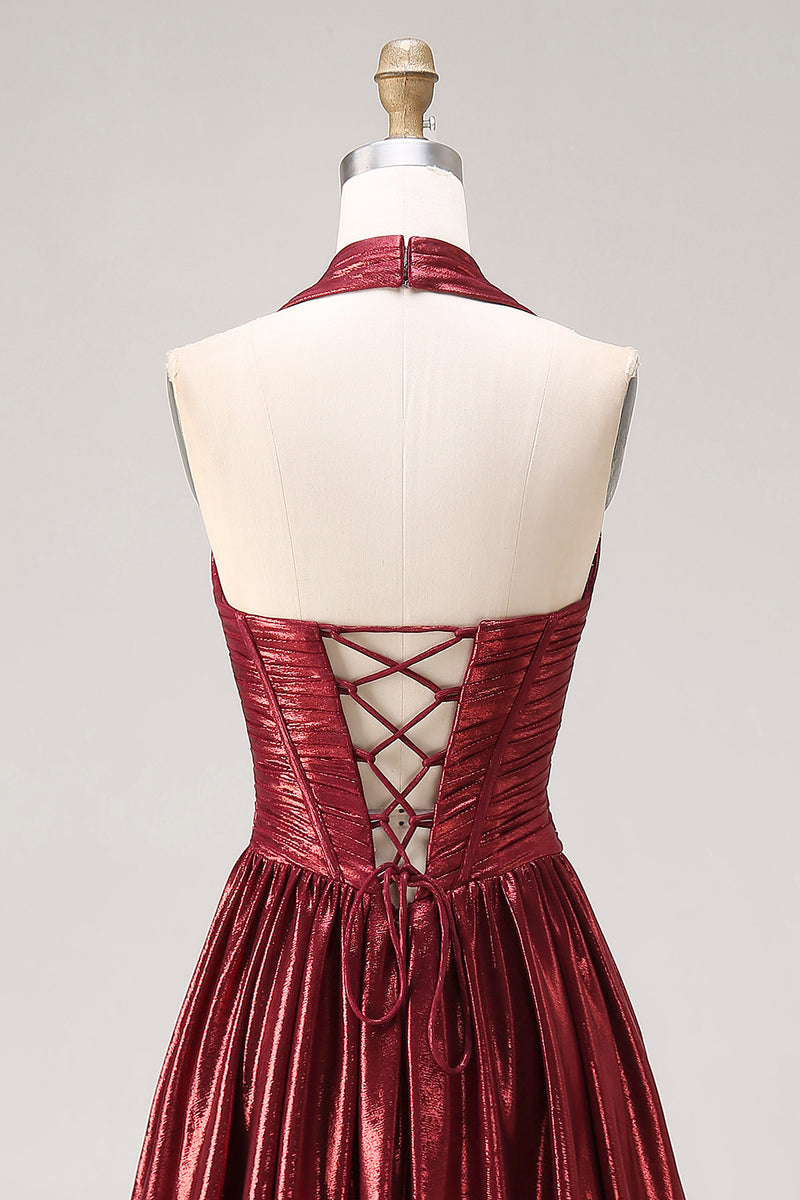 Load image into Gallery viewer, Sparkly Burgundy Metallic Halter A Line Long Corset Formal Dress with Slit