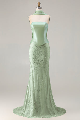 Sparkly Sage Green Beaded Neck Scarf Mermaid Long Prom Dress