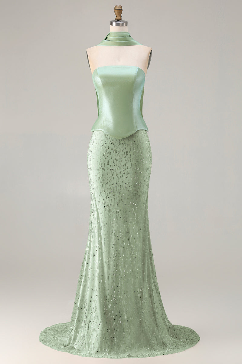 Load image into Gallery viewer, Sparkly Sage Green Beaded Neck Scarf Mermaid Long Prom Dress