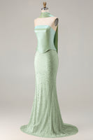 Load image into Gallery viewer, Sparkly Sage Green Beaded Neck Scarf Mermaid Long Prom Dress