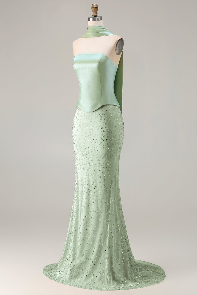 Load image into Gallery viewer, Sparkly Sage Green Beaded Neck Scarf Mermaid Long Prom Dress