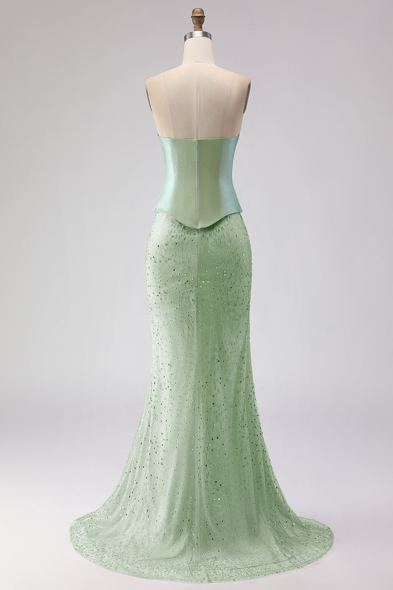 Load image into Gallery viewer, Sparkly Sage Green Beaded Neck Scarf Mermaid Long Prom Dress