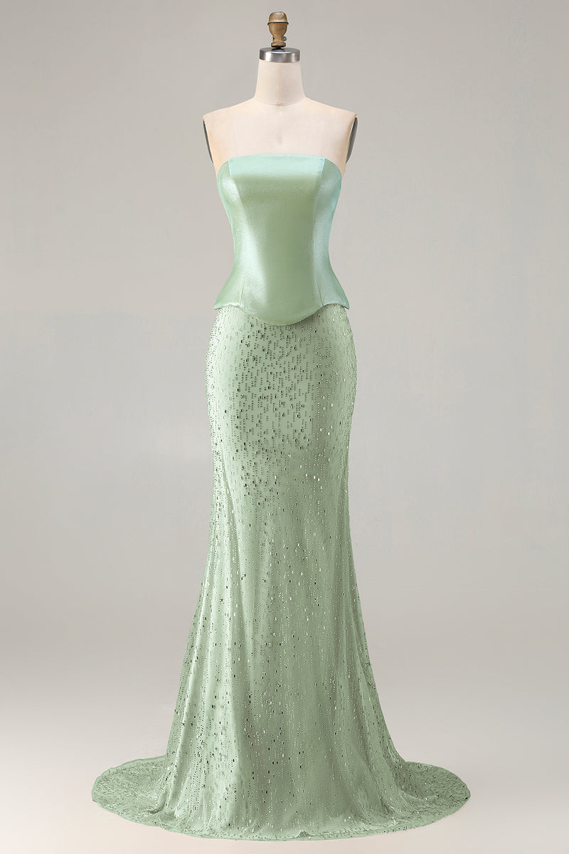 Load image into Gallery viewer, Sparkly Sage Green Beaded Neck Scarf Mermaid Long Prom Dress