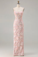 Load image into Gallery viewer, Sparkly Blush Pink Floral Sequin Sheath Corset Long Prom Dress
