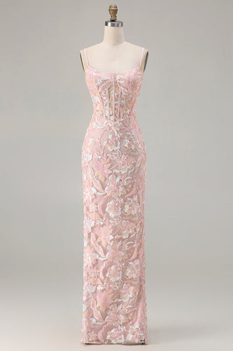 Sparkly Blush Pink Floral Sequin Sheath Corset Long Prom Dress