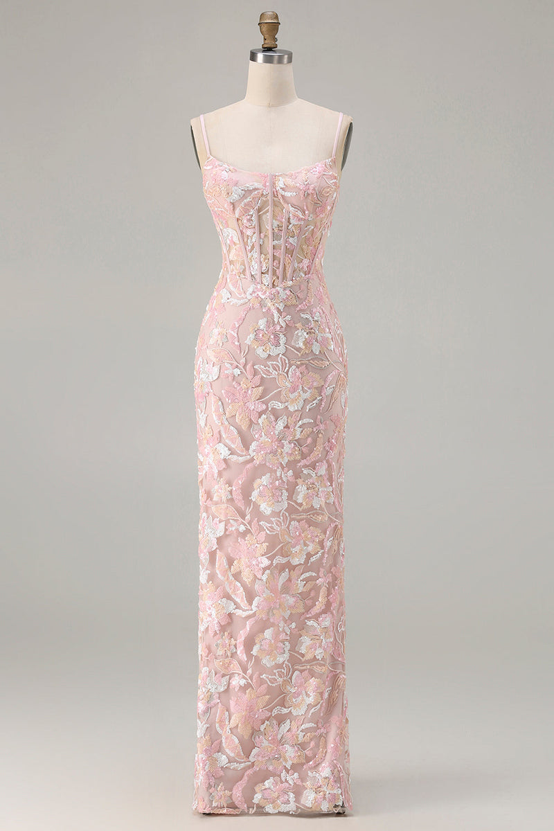 Load image into Gallery viewer, Sparkly Blush Pink Floral Sequin Sheath Corset Long Prom Dress