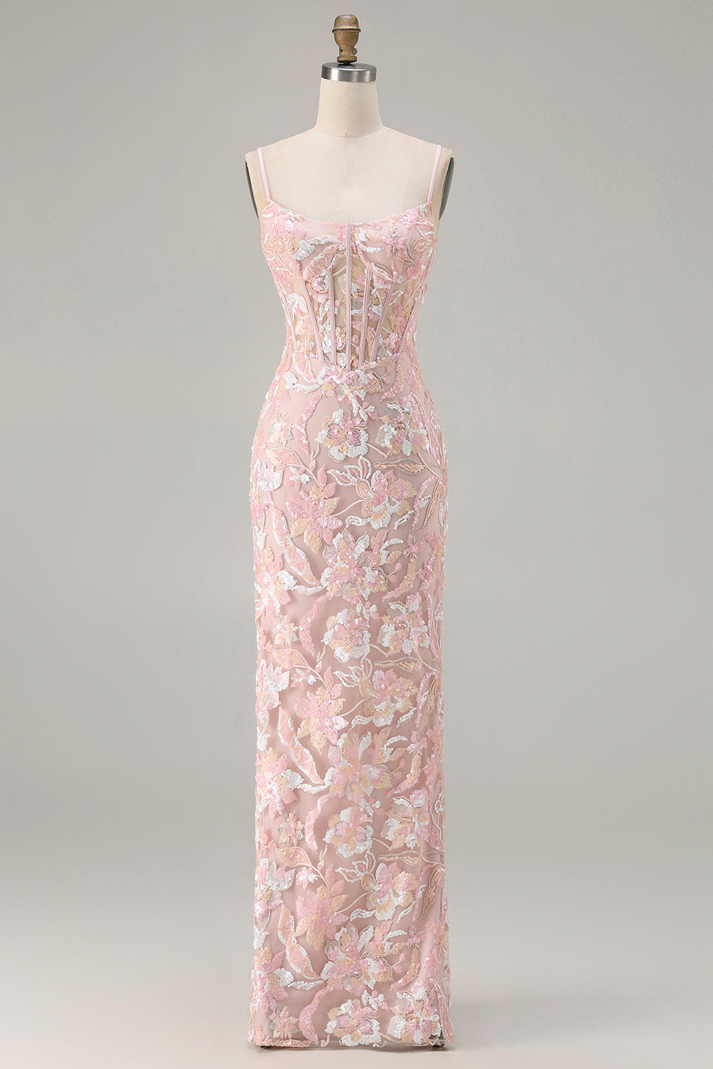 Sparkly Blush Pink Floral Sequin Sheath Corset Long Prom Dress