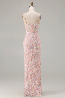 Sparkly Blush Pink Floral Sequin Sheath Corset Long Prom Dress