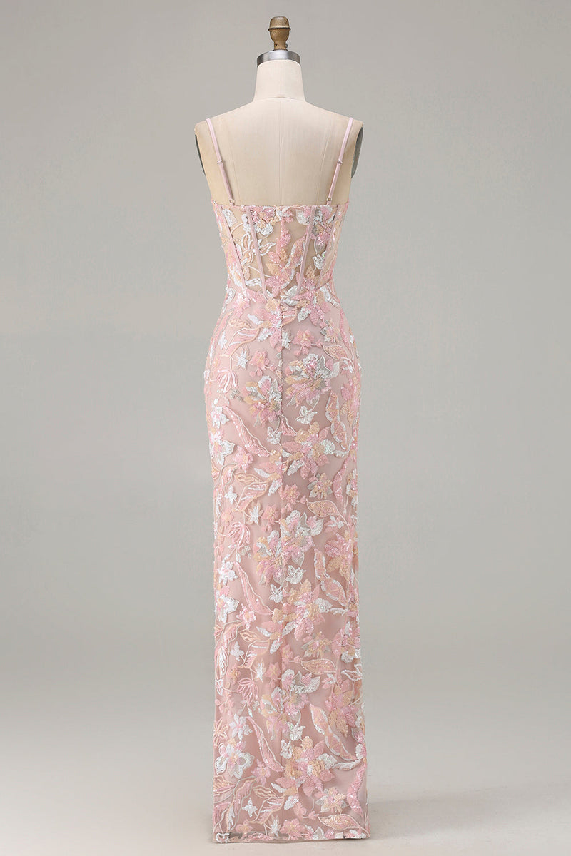Load image into Gallery viewer, Sparkly Blush Pink Floral Sequin Sheath Corset Long Prom Dress