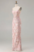 Load image into Gallery viewer, Sparkly Blush Pink Floral Sequin Sheath Corset Long Prom Dress