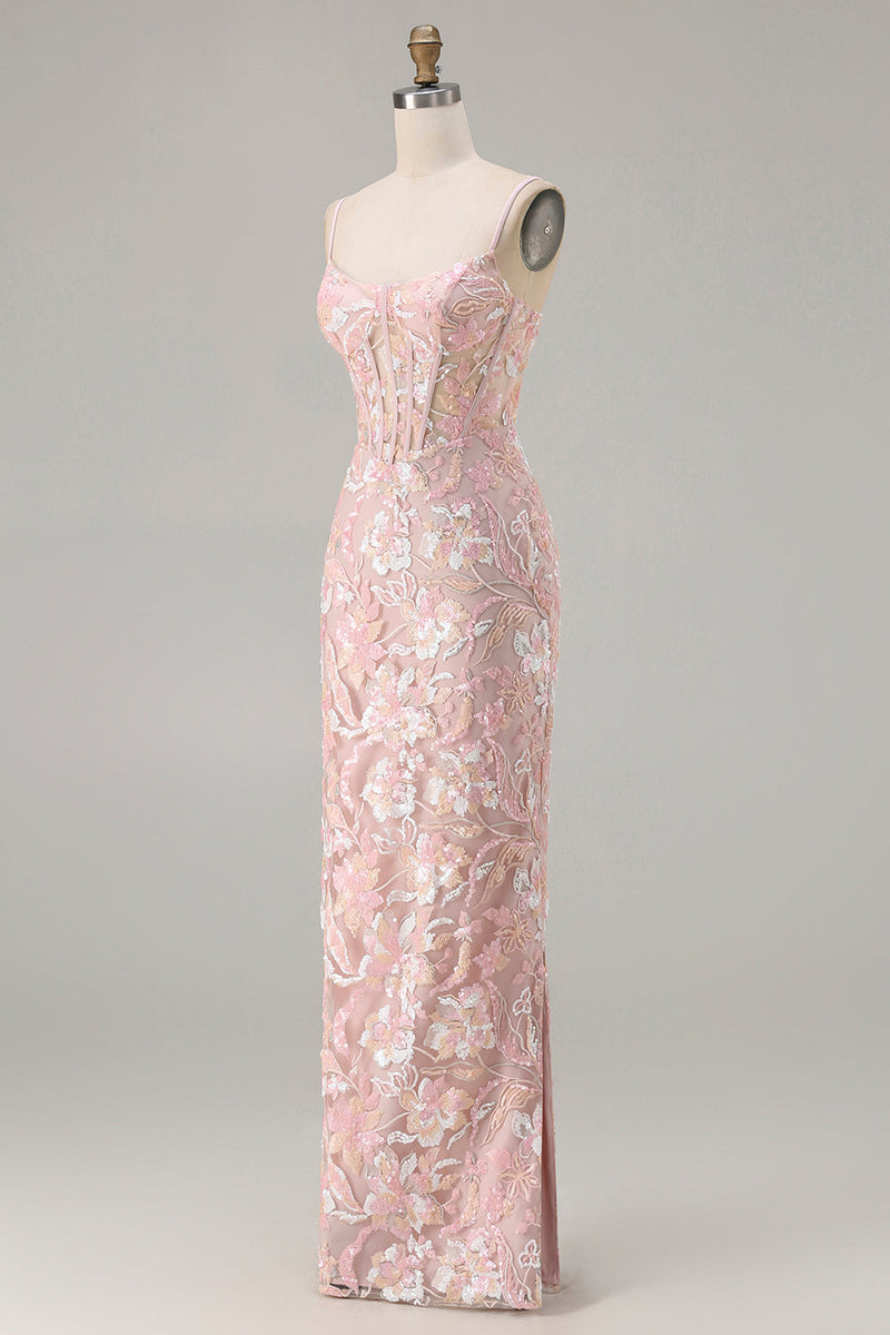Load image into Gallery viewer, Sparkly Blush Pink Floral Sequin Sheath Corset Long Prom Dress