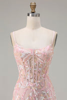 Load image into Gallery viewer, Sparkly Blush Pink Floral Sequin Sheath Corset Long Prom Dress