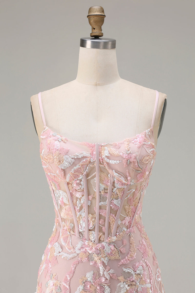 Load image into Gallery viewer, Sparkly Blush Pink Floral Sequin Sheath Corset Long Prom Dress