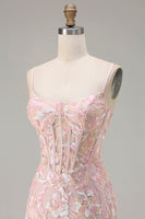Load image into Gallery viewer, Sparkly Blush Pink Floral Sequin Sheath Corset Long Prom Dress
