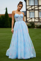 Load image into Gallery viewer, Blue Floral A Line Spaghetti Straps Long Corset Prom Dress with Slit