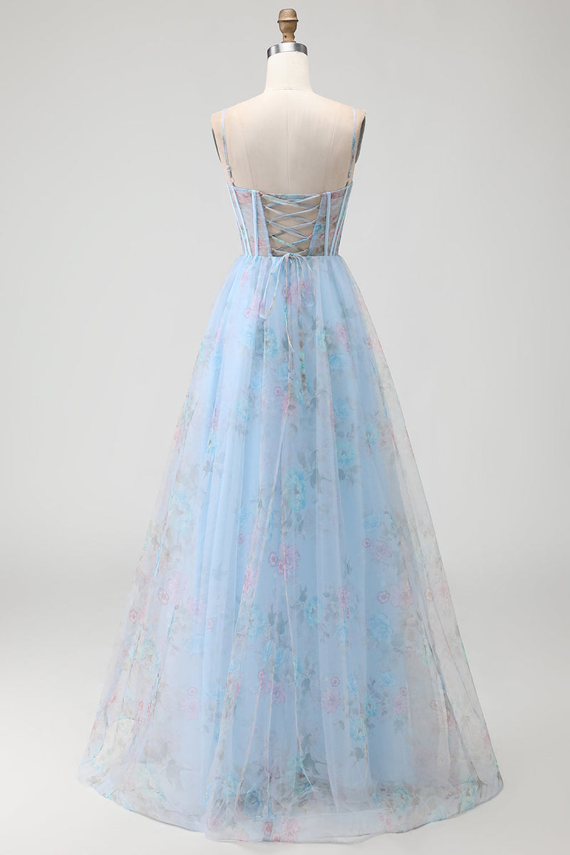 Load image into Gallery viewer, Blue Floral Corset Spaghetti Straps Long Prom Dress with Slit