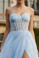 Load image into Gallery viewer, Blue Floral A Line Spaghetti Straps Long Corset Prom Dress with Slit