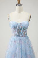 Load image into Gallery viewer, Blue Floral Corset Spaghetti Straps Long Prom Dress with Slit