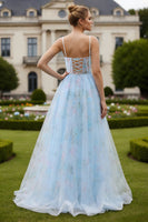 Load image into Gallery viewer, Blue Floral A Line Spaghetti Straps Long Corset Prom Dress with Slit