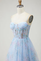 Load image into Gallery viewer, Blue Floral Corset Spaghetti Straps Long Prom Dress with Slit