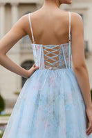 Load image into Gallery viewer, Blue Floral A Line Spaghetti Straps Long Corset Prom Dress with Slit