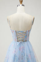 Load image into Gallery viewer, Blue Floral Corset Spaghetti Straps Long Prom Dress with Slit
