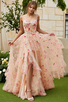 Load image into Gallery viewer, Ivory Floral Spaghetti Straps A-Line Long Corset Prom Dress with Slit