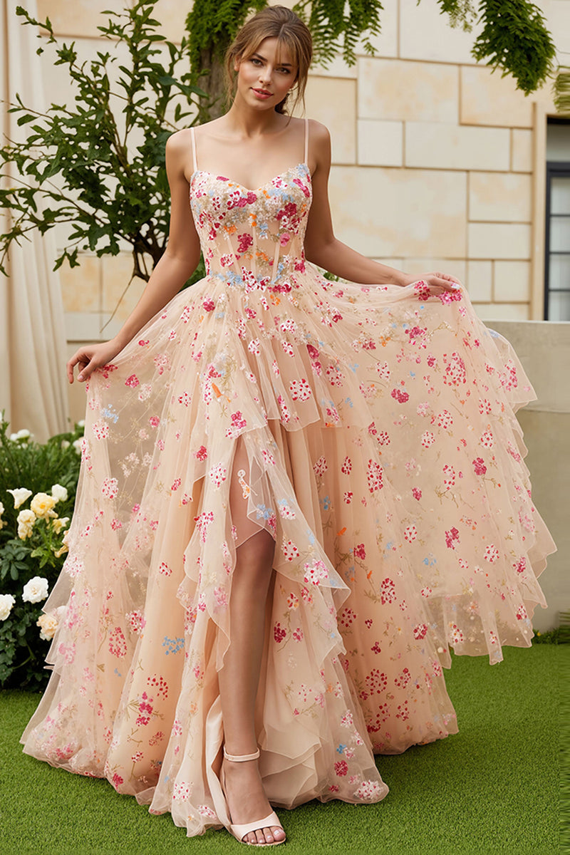 Load image into Gallery viewer, Ivory Floral Spaghetti Straps A-Line Long Corset Prom Dress with Slit