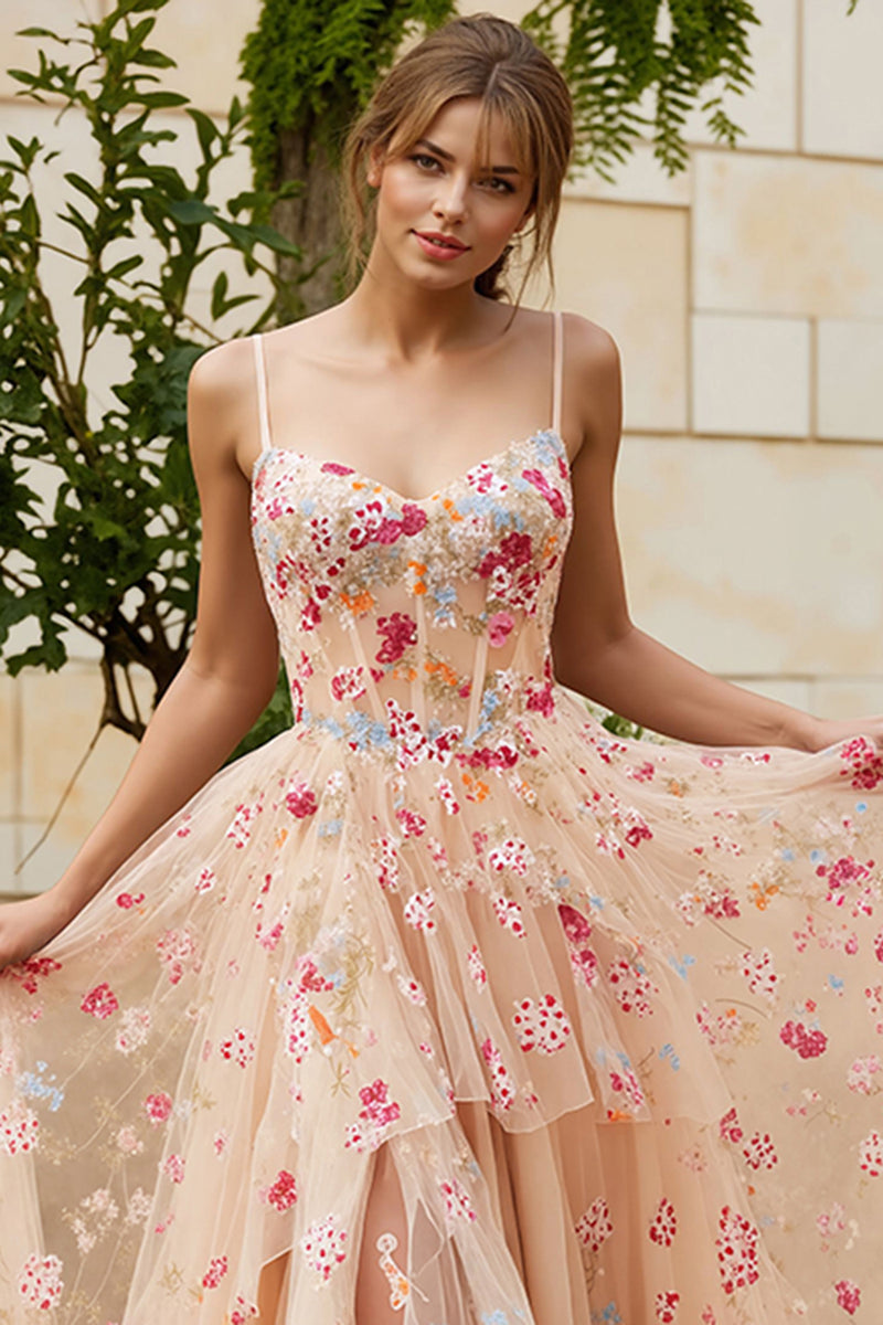 Load image into Gallery viewer, Ivory Floral Spaghetti Straps A-Line Long Corset Prom Dress with Slit