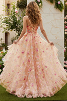 Load image into Gallery viewer, Ivory Floral Spaghetti Straps A-Line Long Corset Prom Dress with Slit