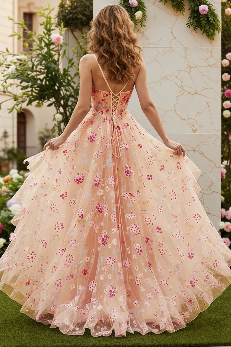 Load image into Gallery viewer, Ivory Floral Spaghetti Straps A-Line Long Corset Prom Dress with Slit