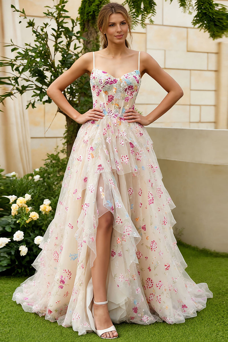 Load image into Gallery viewer, Ivory Floral Spaghetti Straps A-Line Long Corset Prom Dress with Slit