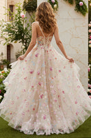 Load image into Gallery viewer, Ivory Floral Spaghetti Straps A-Line Long Corset Prom Dress with Slit